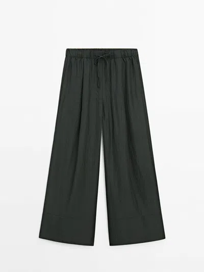 Massimo Dutti Satin Trousers With Elasticated Waistband And Double Hems In Moss