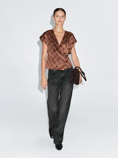 Massimo Dutti Satin Wrap Top In Brown