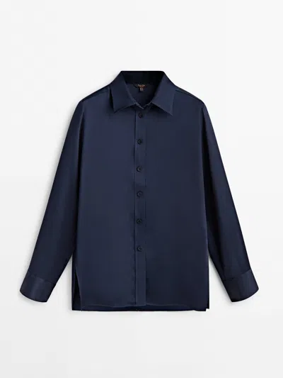 Massimo Dutti Satin Shirt With Cut-out Details In Deep Blue