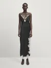 Massimo Dutti Satiniertes Kleid In Lingerie-optik Mit Farblich Abgesetzter Spitze In Schwarz