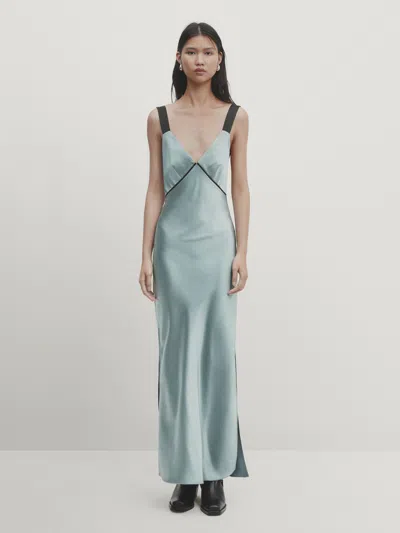 Massimo Dutti Satiniertes Kleid Mit Kontrastierenden Details In Bluish Green