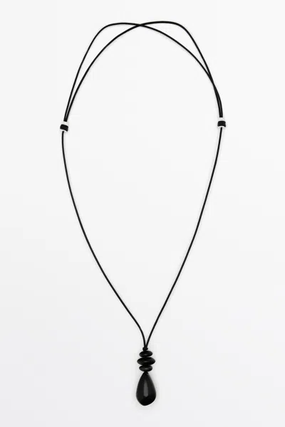 Massimo Dutti Sautoir En Cuir Et Pierres In Noir