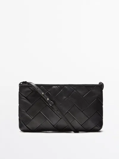 Massimo Dutti Nappa Leather Plaited Shoulder Bag In Black