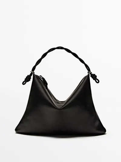 Massimo Dutti Nappa Leather Shoulder Bag With Knot Detail In Black
