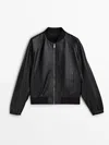 Massimo Dutti Black Nappa Leather Bomber Jacket In Black