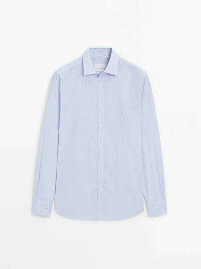 Massimo Dutti Seersucker Regular Fit Cotton Striped Shirt In Sky Blue