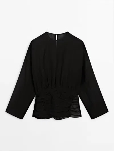 Massimo Dutti Semi-sheer Blouse With Sash Belt Detail In Black