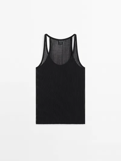 Massimo Dutti Semi-sheer Ribbed Knit Top In Black