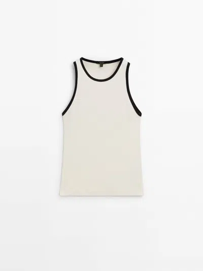 Massimo Dutti Contrast Ribbed Top In Cream