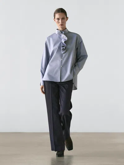 Massimo Dutti Shirt With Ruffled Collar Detail In Blue