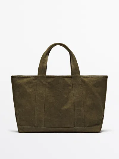 Massimo Dutti Dyed Canvas Shopper Bag In Khaki