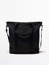 Massimo Dutti Tote Bag With Leather Trims In Navy Blue