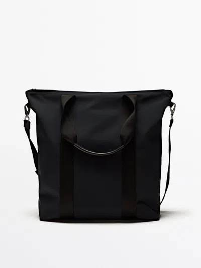 Massimo Dutti Tote Bag With Leather Trims In Navy Blue