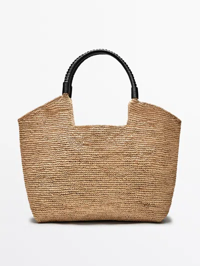 Massimo Dutti Raffia Tote Bag With Leather Handles In Beige