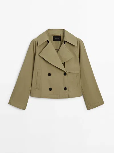 Massimo Dutti Short 100% Cotton Trench Coat With Lapel In Greenish