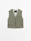 Massimo Dutti Short Co-ord Waistcoat In Pale Khaki