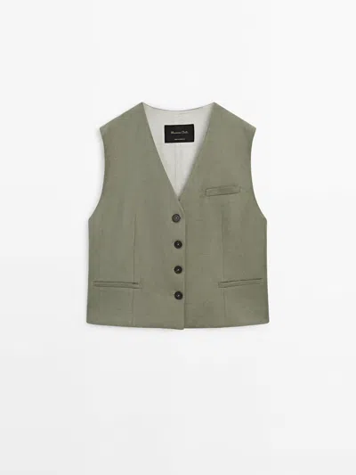 Massimo Dutti Short Co-ord Waistcoat In Pale Khaki