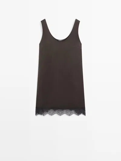 Massimo Dutti Vestido Corto Fluido Con Detalle De Encaje In Brown