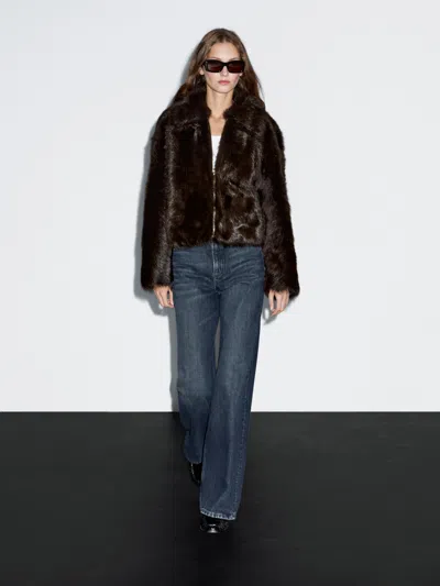 Massimo Dutti Short Leather Jacket With Fur In Brown
