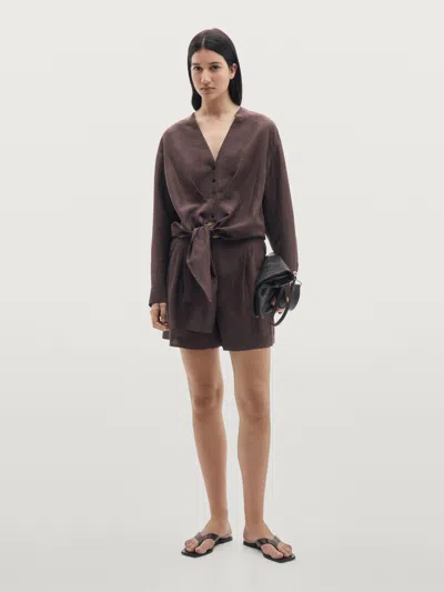 Massimo Dutti Short Pleated Linen Blend Bermuda Shorts In Brown