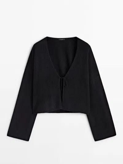 Massimo Dutti Short Shimmery Knit Cardigan With Tie Detail In Black