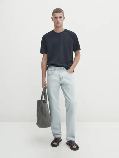 Massimo Dutti Short Sleeve Cotton Knit Sweater In Azurblau