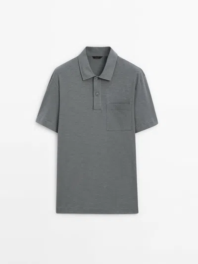 Massimo Dutti Short Sleeve Cotton Polo Shirt In Bluish Green