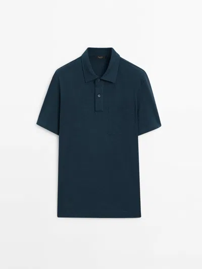 Massimo Dutti Short Sleeve Cotton Polo Shirt In Indigo