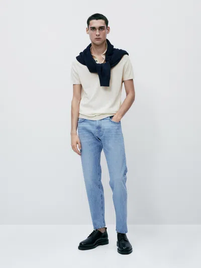 Massimo Dutti Short Sleeve Cotton Polo Sweater In Gebrochen Weiss