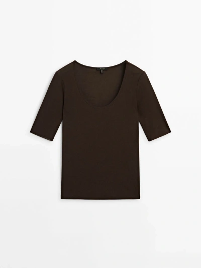 Massimo Dutti Short Sleeve Cotton T-shirt In Brown