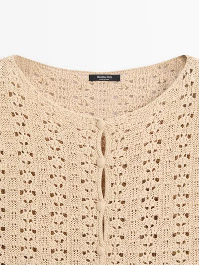Massimo Dutti Short Sleeve Crochet Knit Cardigan In Neutral