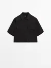 Massimo Dutti Short Sleeve Cropped Cotton Shirt With Pockets In Black