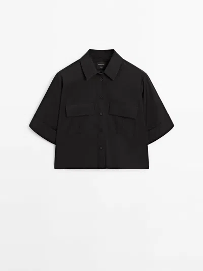 Massimo Dutti Short Sleeve Cropped Cotton Shirt With Pockets In Black