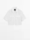 Massimo Dutti Short Sleeve Cropped Cotton Shirt With Pockets In White