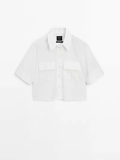 Massimo Dutti Short Sleeve Cropped Cotton Shirt With Pockets In White