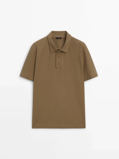 Massimo Dutti Short Sleeve Diagonal Cotton Micro-twill Polo Shirt In Brown