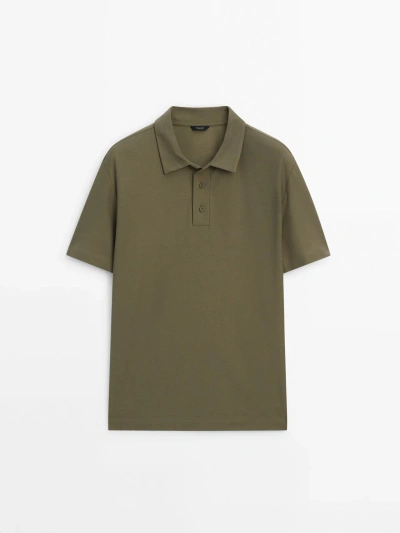Massimo Dutti Short Sleeve Diagonal Cotton Micro-twill Polo Shirt In Khaki