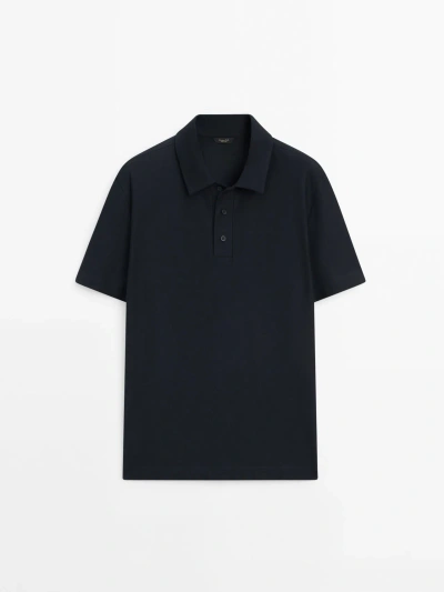 Massimo Dutti Short Sleeve Diagonal Cotton Micro-twill Polo Shirt In Navy Blue