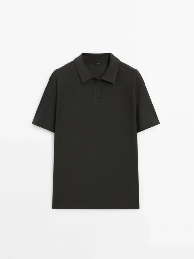Massimo Dutti Short Sleeve Diagonal Cotton Micro-twill Polo Shirt In Steel
