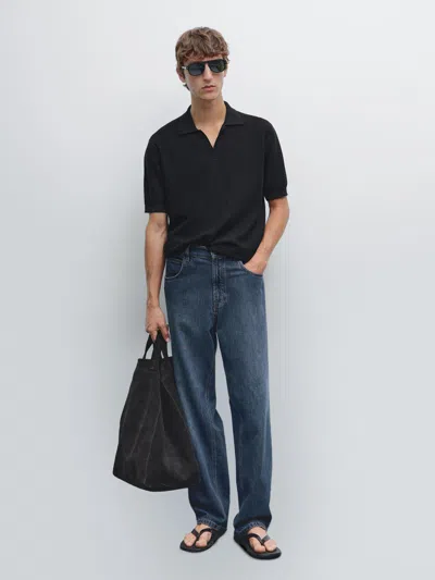 Massimo Dutti Short Sleeve Jacquard Knit Polo Shirt In Blue