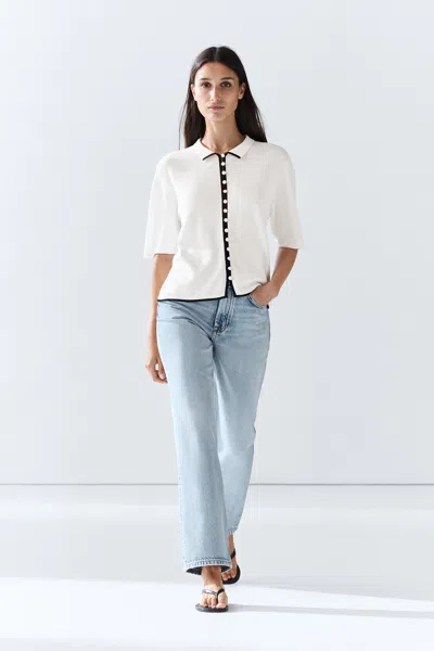 Massimo Dutti Short Sleeve Knit Cardigan With Contrast Detail In White