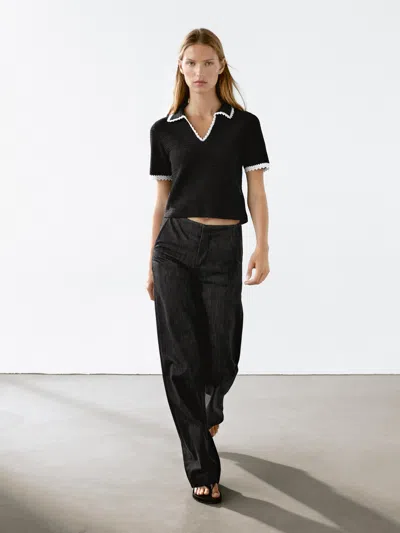 Massimo Dutti Short Sleeve Knit Cotton Polo Shirt In Black