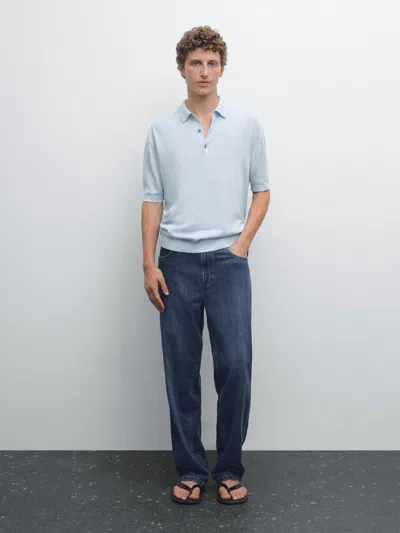 Massimo Dutti Short Sleeve Knit Polo Shirt In Blue