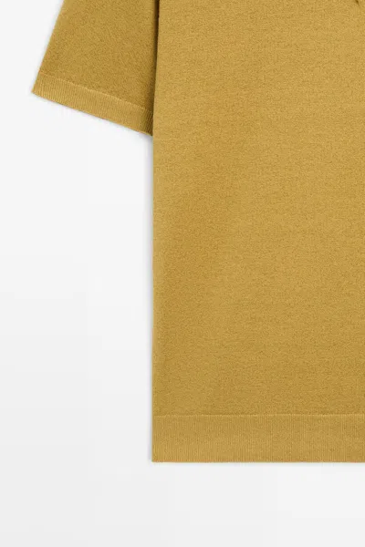 Massimo Dutti Short Sleeve Knit Polo Shirt With Cotton And Linen In Brown