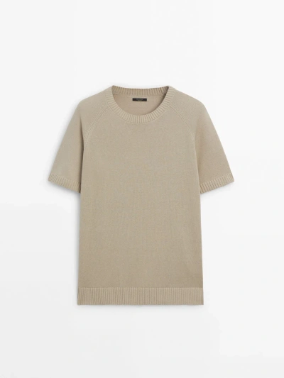 Massimo Dutti Short Sleeve Knit Sweater With Cotton In Beige Marl