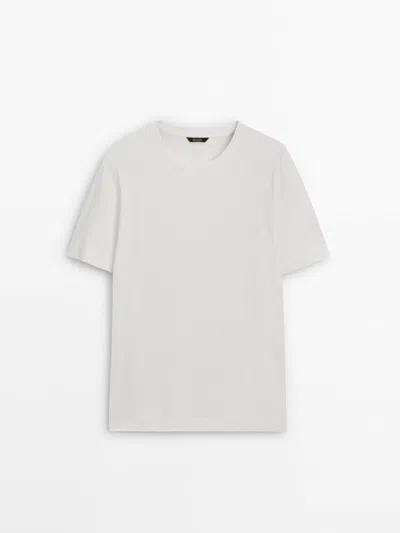 Massimo Dutti Short Sleeve Linen And Cotton Blend T-shirt In Cream