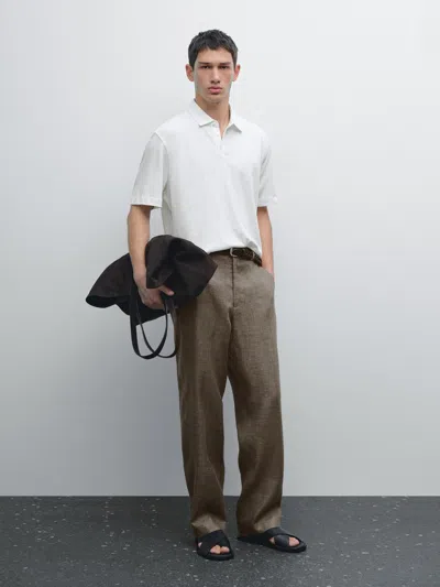 Massimo Dutti Short Sleeve Linen Blend Polo Shirt In Brown