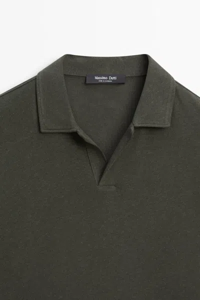 Massimo Dutti Short Sleeve Linen Cotton Polo Shirt In Green