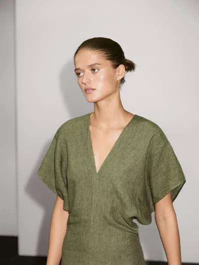 Massimo Dutti Short Sleeve Linen Midi Dress In Multi