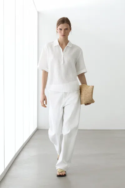 Massimo Dutti Short Sleeve Linen Polo Shirt In White